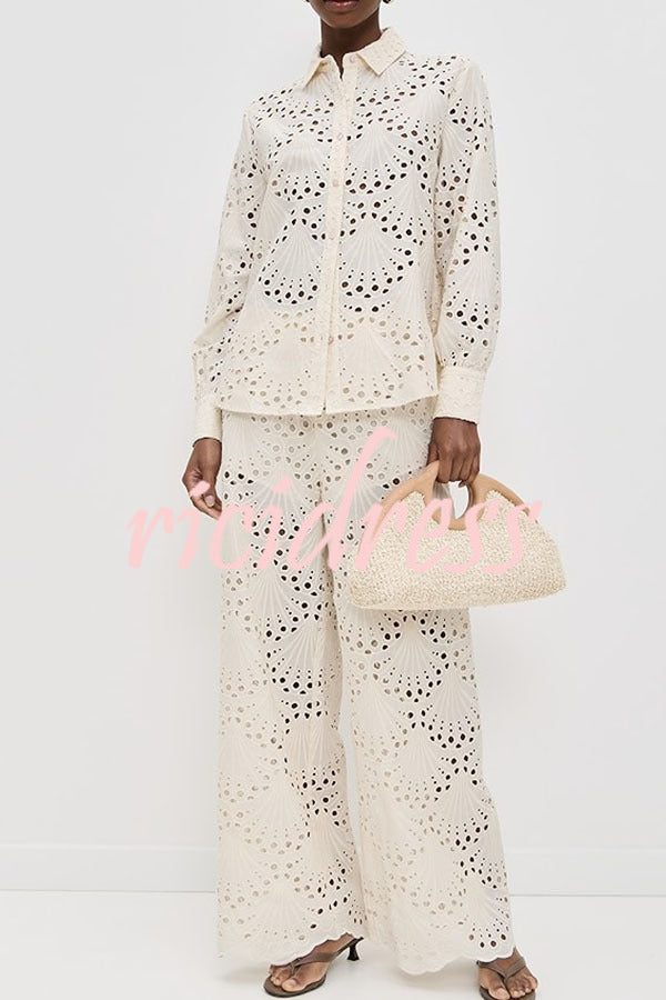 Lillah Embroidered Lace Shell Pattern Elastic Waist Pocket Wide Leg Pants