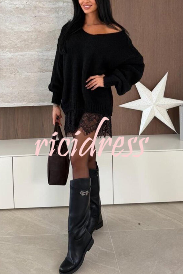 Comfy and Sweet Knit Lace Patchwork Hem Wide Neck Long Sleeve Loose Sweater