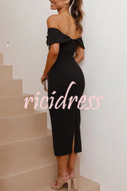 Covered By Love Off Shoulder Gathered Detail Bodycon Midi Dress