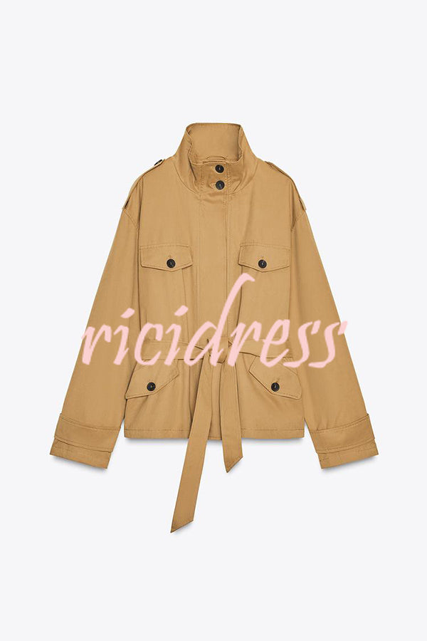 Chic Comfort Epaulettes Contrast Buttons Pocket Belt Cropped Trench Coat