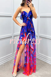 Loving Moment Gradient Unique Print Flowing Layered Ruffles Strapless Slit Maxi Dress