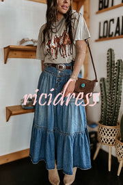 Bohemian High Rise Button Up Loose Denim Pocket Maxi Skirt