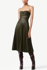 My Juliet Faux Leather Off Shoulder Strapless Pleated Stretch Midi Dress