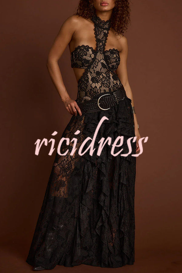 A Girls' Trip Lace High Neck Cutout Drop Waist Ruffles Maxi Dress