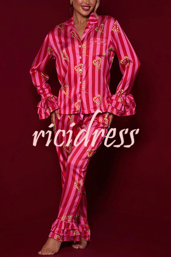 Festive Season Long Candy Stripe Tiered Bell Cuffs Elastic Waist Pocketed Pajama Set