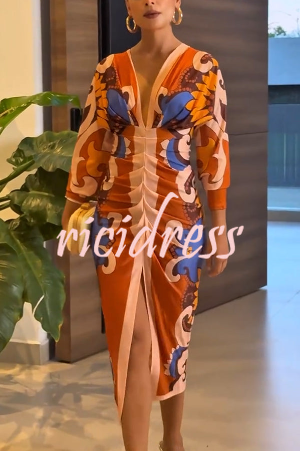 Bahamas Unique Print Dolman Long Sleeve Ruched Slit Midi Dress