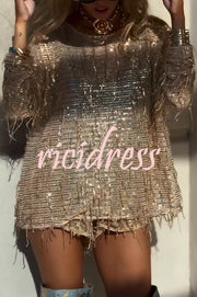 Fashion Sequin Round Neck Long Sleeve Tassel Top and Elastic Waist Casual Shorts Set