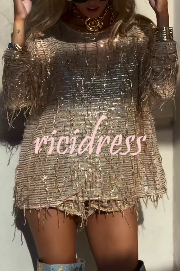 Fashion Sequin Round Neck Long Sleeve Tassel Top and Elastic Waist Casual Shorts Set
