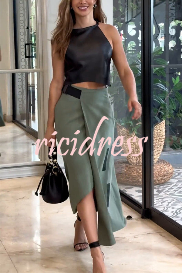 Stylish Cropped Sleeveless Top and Pockets Irregular Hem Skirt Set