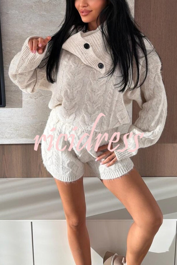 Diviano Cabble Knit Button Scarf Long Sleeve Sweater and Stretch Mini Shorts Set（3 Pieces）