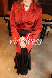 Jenny Satin Button Front Center Cross Straps Long Bell Sleeve Shirt