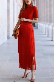 Elegant Tassel Hem Elastic Waist Casual Maxi Skirt