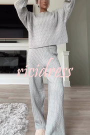 Autumn Travel Knit Cable Long Sleeve Sweater and Elastic High Waist Wide Leg Pants Set