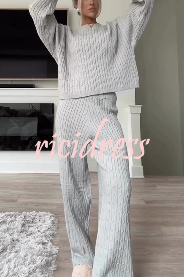 Autumn Travel Knit Cable Long Sleeve Sweater and Elastic High Waist Wide Leg Pants Set