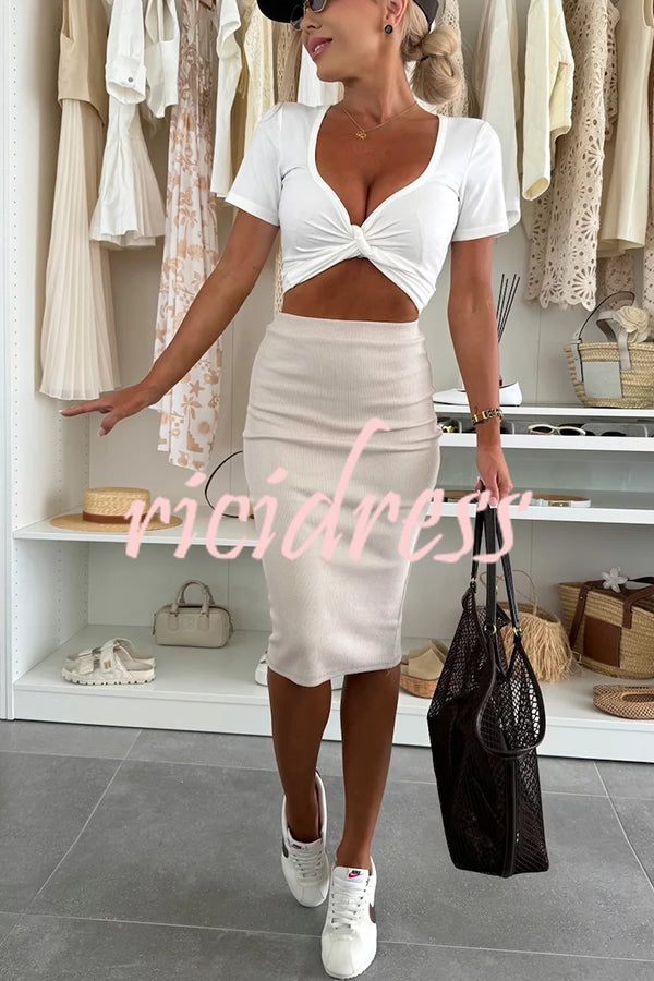 Perfect Basics Ribbed Knit Elastic Waistband Stretch Midi Skirt