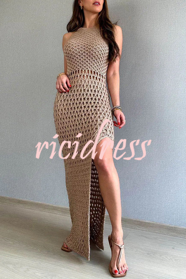 Smiles and Sunshine Knit Texture Hollow Tank Slit Stretch Maxi Dress