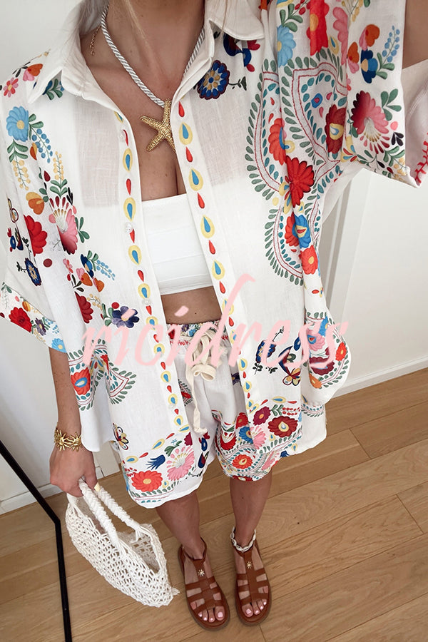 Linen Blend Floral Print Short Sleeve Loose Shirt and Elastic Waist Tie Casual Shorts Set