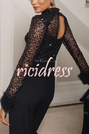 Aerie Sequin Embellished Mock Neck Long Sleeve Feather Cuff Flare Jumpsuit
