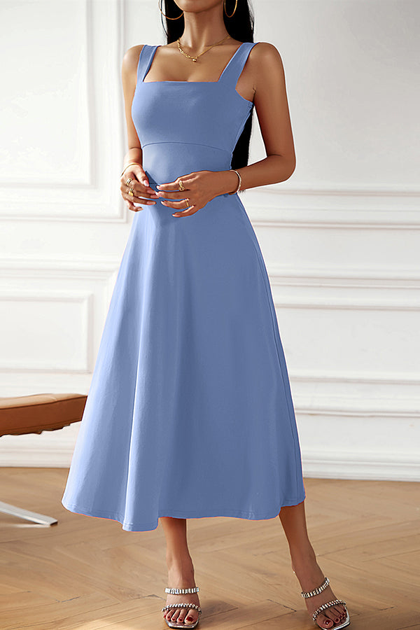 Solid Color Suspender High Waist Strappy Midi Dress