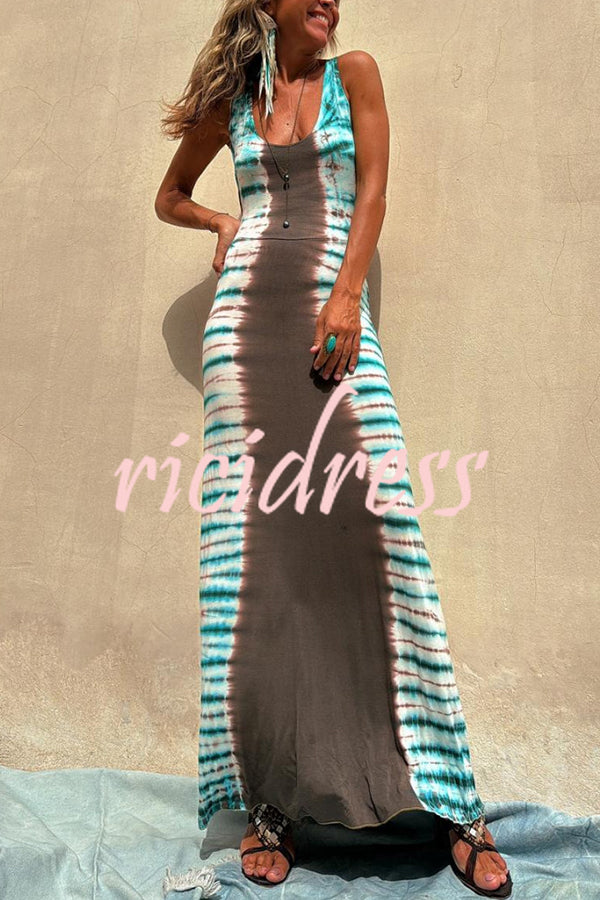 NIL Tie-dye Print Back Lace-up Stretch Maxi Dress