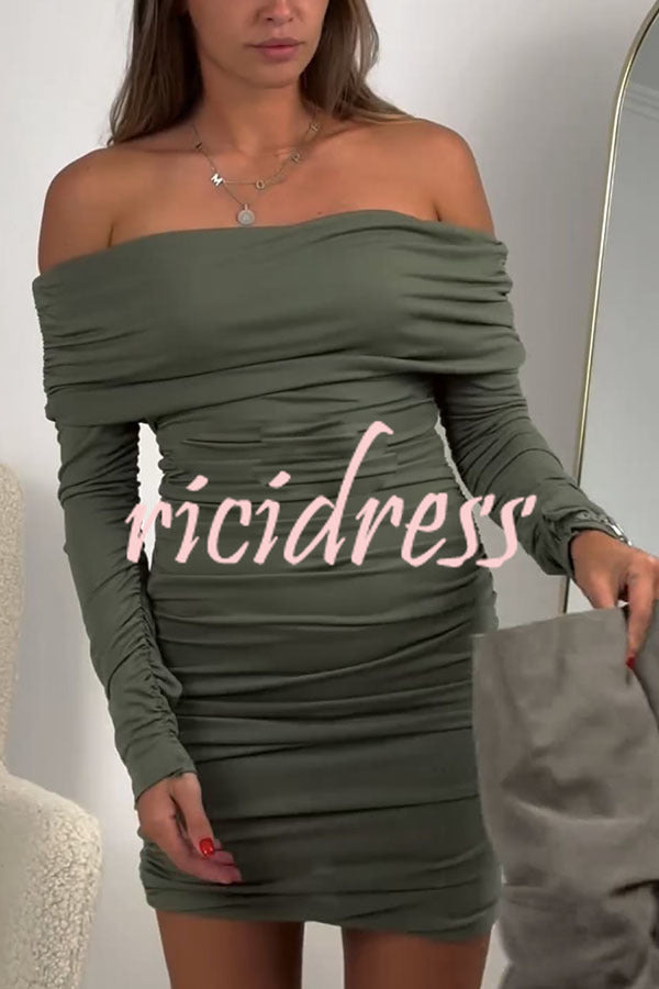 Friday Party Off Shoulder Long Sleeve Ruched Stretch Mini Dress