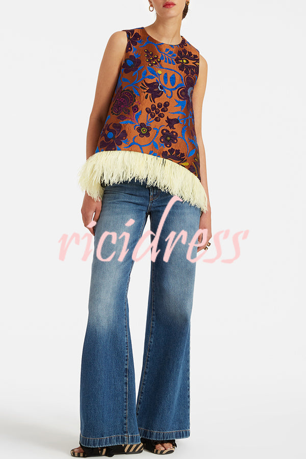 Emina Floral Feather Trim Trapezoidal Silhouette Asymmetrical Hem Top