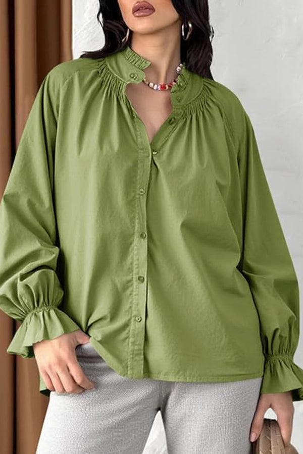 Solid Color V-neck Ruffled Lantern Sleeve Loose Casual Shirt