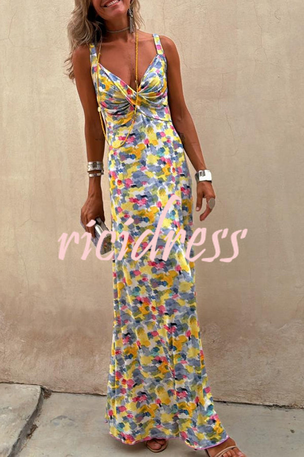 Flora Watercolor Print Crossover Neck Wide Straps Stretch Maxi Dress