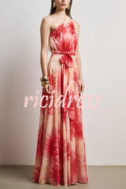 Floral Print One Shoulder Waist Tie Full Hem Resort Style Maxi Dress