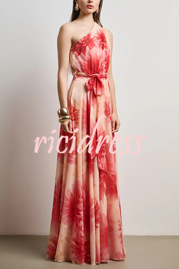 Floral Print One Shoulder Waist Tie Full Hem Resort Style Maxi Dress