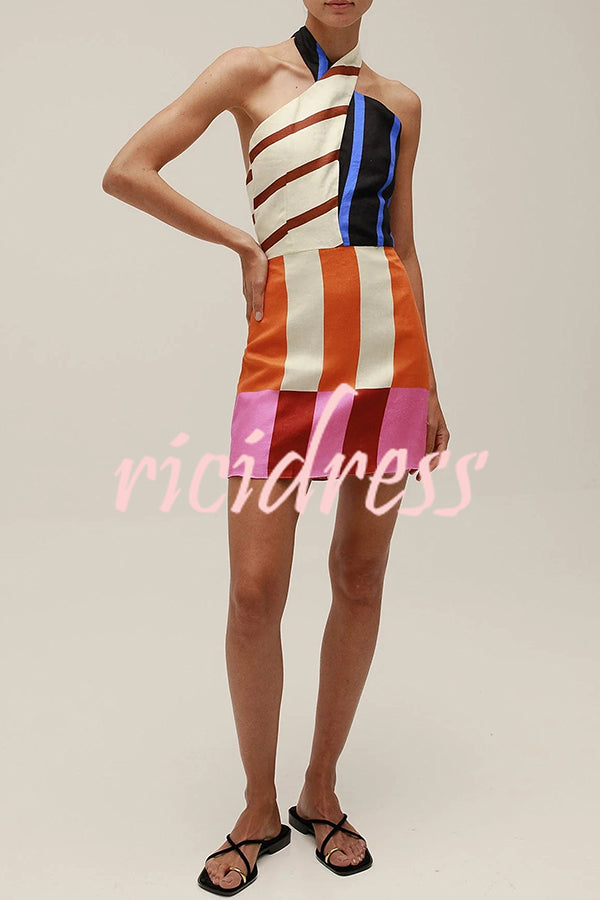Jeniah Linen Blend Color Block Print Cross Halter Tie-up Loose Mini Dress