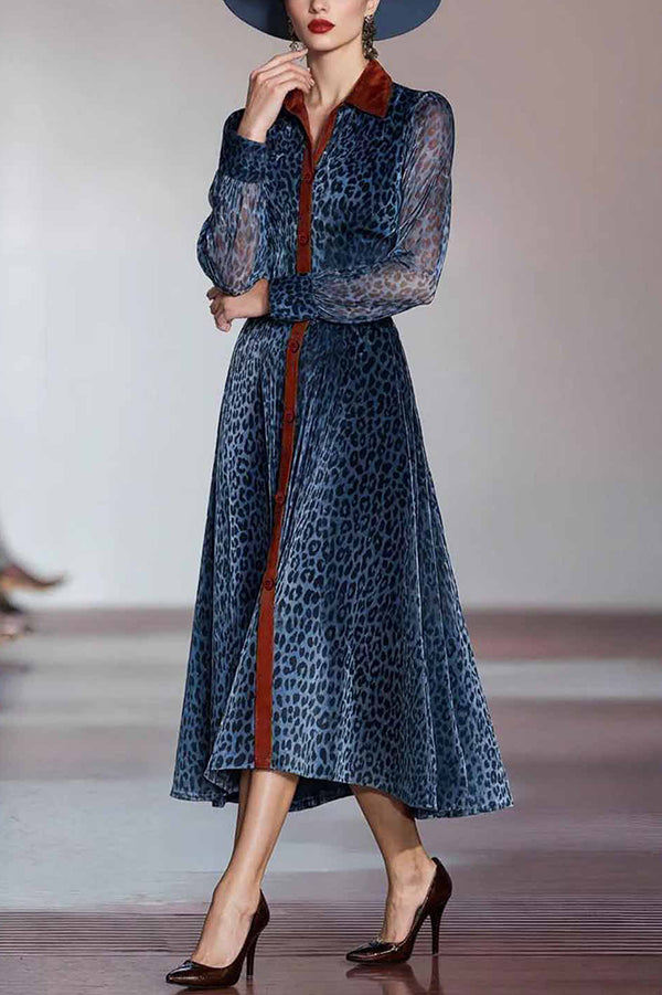 Stylish Leopard Print Long-sleeved Fitted Waist Elegant Midi Dress