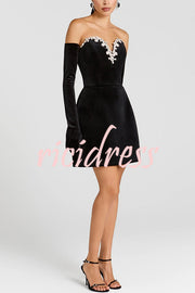 Ines Luxurious Velvet Jewel-encrusted Sweetheart Off Shoulder Neck Tulip Stretch Mini Dress
