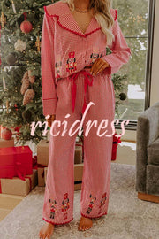 Nutcracker Charm Embroidered Gingham Loose Shirt and Elastic Waist Pajama Set