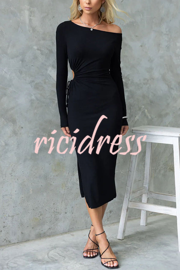 Sevani Ribbed Side Cutout Tie-up Long Sleeve Slit Stretch Midi Dress