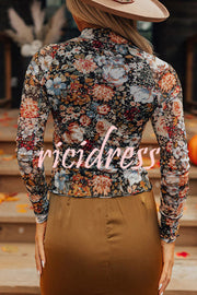 Floral Print Turtleneck Long Sleeve Stretch Bottoming Shirt