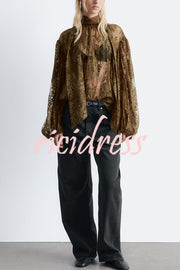 Reigna Semi-sheer Floral Lace Bow Neck Balloon Sleeve Loose Blouse