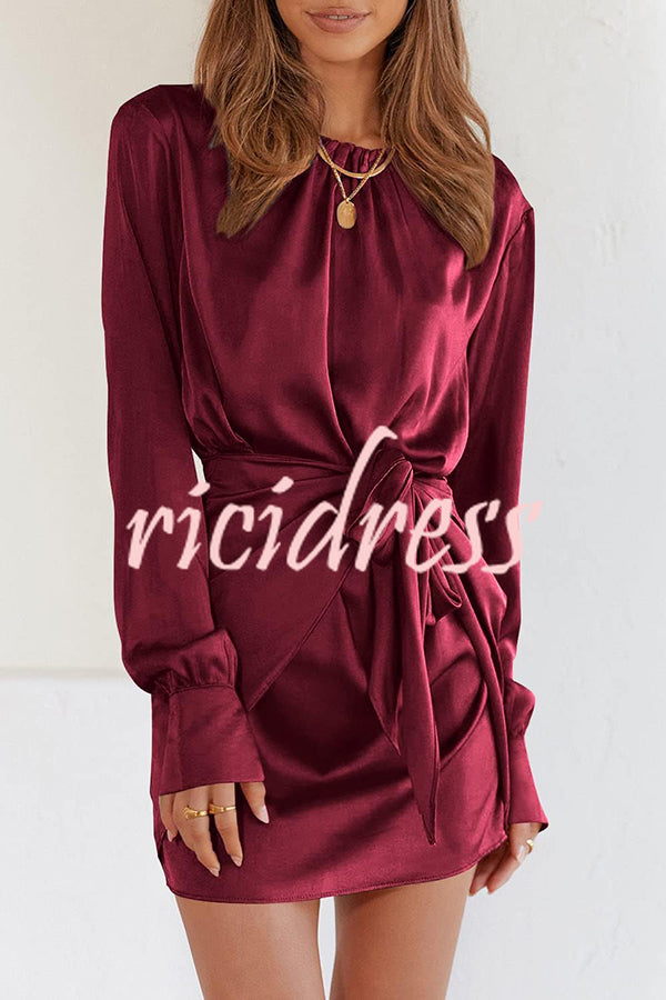 Satin Round Neck Long Sleeve Elastic Tie Mini Dress