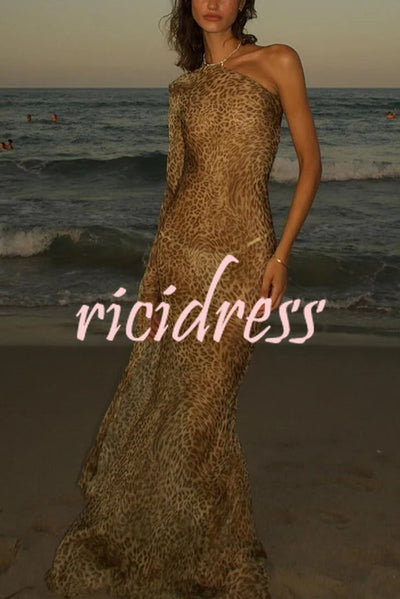 Leopard Print One Sleeve Sexy See-Through Fit Maxi Dress