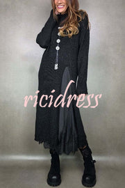 Solid Color Knitted Long-sleeved Casual Slit Midi Dress