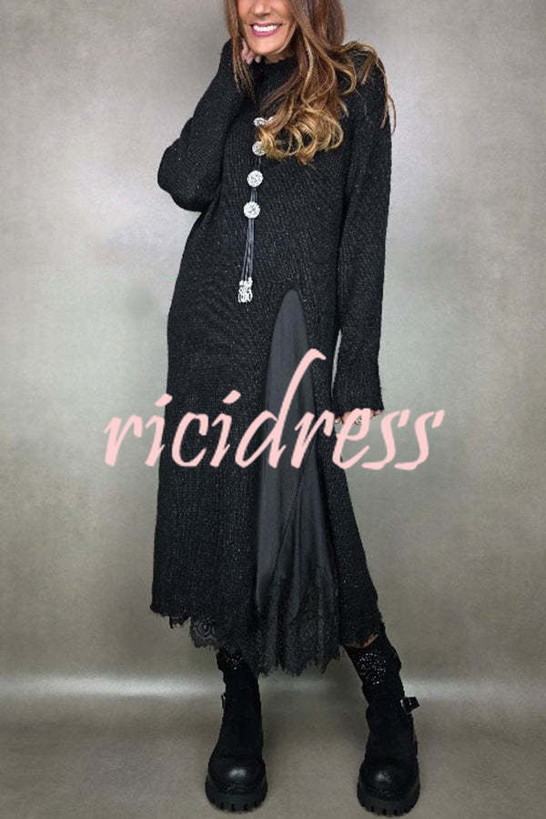 Solid Color Knitted Long-sleeved Casual Slit Midi Dress