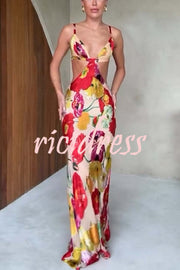 Hawaiian Dreams Satin Floral Print Cutout Backless Maxi Dress