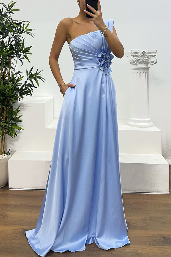 Nasha Satin Pleated One Shoulder Petal Gemstone Detail Pocket Slit Maxi Dress