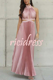 Stunning Choice Satin Pleated Halter High Neck Cutout Waist Backless Maxi Dress