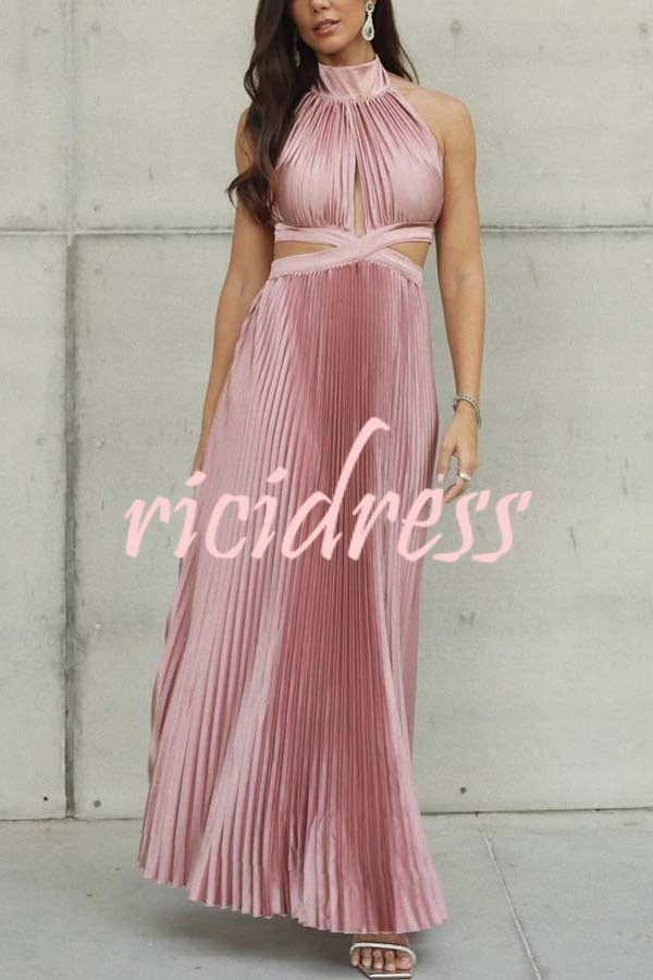 Stunning Choice Satin Pleated Halter High Neck Cutout Waist Backless Maxi Dress