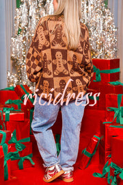 Christmas Gingerbread Man Round Neck Long Sleeve Loose Knit Sweater