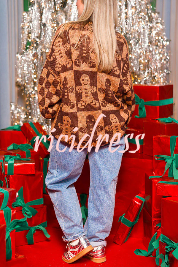 Christmas Gingerbread Man Round Neck Long Sleeve Loose Knit Sweater