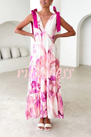 Unique Printed V-neck Sleeveless Lace-up Waist Maxi Dress