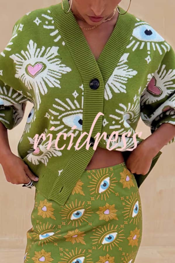 Mysterious Magic Knit Eye Heart Pattern Button Up Long Sleeve Loose Cardigan