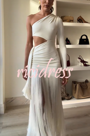 Amazing Type One Shoulder Cutout Drape Tassle Trim Stretch Maxi Dress